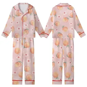 Women's Hand-Drawn Watercolor Peach Blossom Loungewear Pants: Blush Pink Comfy Polyester Sleepwear Kid Satin Pajamas Set