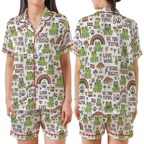 Uplifting Art Lovers' Whimsical Frogs & Rainbow Symbols Pattern, Affirmation Text in Vibrant Green, Full Spectrum Colors Satin Short-Sleeve Pajamas Set