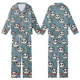 Playful Panda Loungewear: Cartoon Head & Bamboo Print - Cozy Pajamas Set Kid Satin Pajamas Set