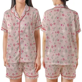 Bridesmaid & Bride Ruffle Tie Tank Set: Whimsical Blush Rosebud Floral Satin Pajamas Satin Short-Sleeve Pajamas Set