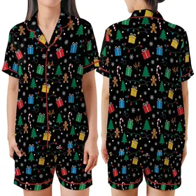 Festive Celebrators' Graphic Black Christmas Candy Cane Gingerbread Rainbow Lights Pattern Satin Short-Sleeve Pajamas Set