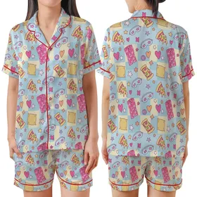 Girls' Groovy Pizza Pajamas: Pink Sleepover Print with Disco Balls - Playful Lounge Set Satin Short-Sleeve Pajamas Set