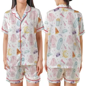 Girls' Watercolor Slumber Party Pajamas: Pink Pizza, Sleep Mask & Movie Night Print Satin Short-Sleeve Pajamas Set