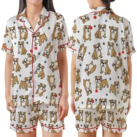 Bulldog Lover Pajamas: Playful Fawn Cartoon Dog All-Over Print Cozy Sleep Set Satin Short-Sleeve Pajamas Set