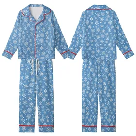 Family Holiday: Vibrant Blue Snowflake Pattern, White Winter Flakes - Polyester Spandex Sleep Set Kid Satin Pajamas Set