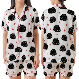 Family Long Sleeve Pajama Set: Whimsical Fluffy Black Cat Christmas Lights & Stars Pattern - Soft Polyester Spandex Sleepwear Satin Short-Sleeve Pajamas Set