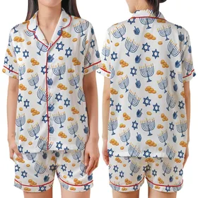 Families' Festive Hanukkah Watercolor Pattern with Blue Menorahs, Dreidels, Stars, Golden Gelt Satin Short-Sleeve Pajamas Set