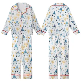 Hanukkah Celebrators' Whimsical Gnomes, Dreidels & Menorahs All-Over Print in Blue, Gold & White Kid Satin Pajamas Set