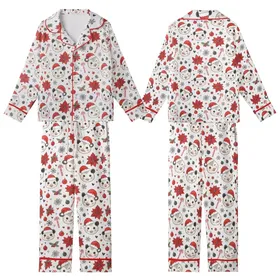 Holiday Animal Lovers' Whimsical Opossum Santa Hat Red & White Christmas Pattern with Poinsettias, Holly & Snowflakes Kid Satin Pajamas Set