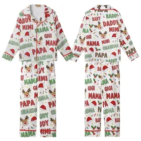 Festive  Pattern: Glitter Knit Leopard Reindeer Santa Holly Lights Satin Short-Sleeve Pajamas Set