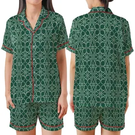 Women's Emerald Green Monogram Satin Sleep Set – Cream Abstract Filigree Loungewear Satin Short-Sleeve Pajamas Set