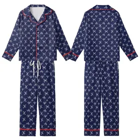 Refined Individuals' Dark Navy White Intertwined E M Script Monogram Repeating Pattern Kid Satin Pajamas Set