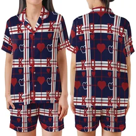 Couples' King Queen Heart Plaid Pattern Cotton Flannel Sleep Set Satin Short-Sleeve Pajamas Set