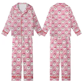 Family Christmas Pajamas: Whimsical Bubblegum Pink Hot Pink Santa & Snowflake Pattern - Flame Resistant Polyester Set Kid Satin Pajamas Set