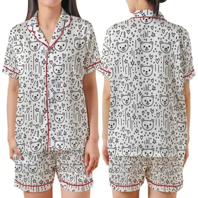 Cute Aesthetic Fans' Black White Whimsical Bear Head Heart Star Dot Line Pattern Satin Short-Sleeve Pajamas Set