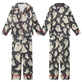 Women's Playful Ghost Sleep Set: Whimsical Hand-Drawn Halloween Polyester Spandex Pajamas Kid Satin Pajamas Set