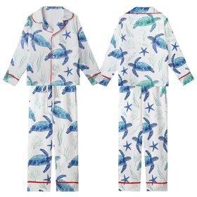 Women's Vibrant Blue Sea Turtle & Starfish Satin Sleep Set Kid Satin Pajamas Set