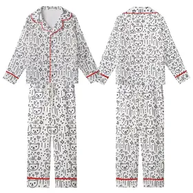 Cute Aesthetic Fans' Black White Whimsical Bear Head Heart Star Dot Line Pattern Kid Satin Pajamas Set