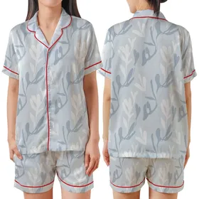 Women's Abstract Botanical Pattern Linen Sleep Set: Organic Stonewashed Comfort Satin Short-Sleeve Pajamas Set
