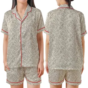 Personalized Bridesmaid & Bridal Sage Green Abstract Floral Satin Long Sleeve Sleep Set Satin Short-Sleeve Pajamas Set