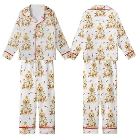 Golden Retriever Lover's Cream Pajamas: Hand-Painted Watercolor Christmas Lights Dog & Gold Star Kid Satin Pajamas Set