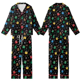Festive Celebrators' Graphic Black Christmas Candy Cane Gingerbread Rainbow Lights Pattern Kid Satin Pajamas Set