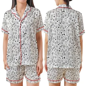 Women's Dog & Wine Lover: Playful Paw Print & Wine Glass Pattern Cozy Loungewear Satin Short-Sleeve Pajamas Set