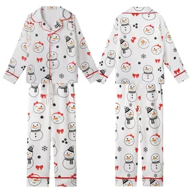 Festive Enthusiasts' Cute Cartoon Snowman Pattern with Bright Red Bows & Buffalo Check Scarves Kid Satin Pajamas Set