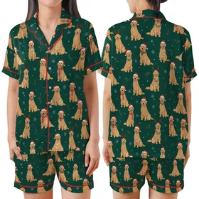 Golden Retriever Lovers' Festive Forest Green Christmas Golden Retriever Pattern with Santa Hats, Scarves, Holly & Snowflakes Satin Short-Sleeve Pajamas Set