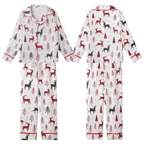 Winter Enthusiasts' Seamless Deep Cranberry Red & Dark Charcoal Grey Deer Pine Tree Snowflake Pattern Kid Satin Pajamas Set