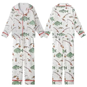 Anglers' All-Over Hand-Drawn Whimsical Fishing Pattern: Bass, Trout, Rods, Lures, Muted Mint, Pale Teal, Earthy Brown Kid Satin Pajamas Set