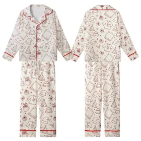 Cozy Christmas Lovers' Red Cream Hand-Drawn Whimsical Scattered Holiday Pizza & Snowman Pattern Kid Satin Pajamas Set