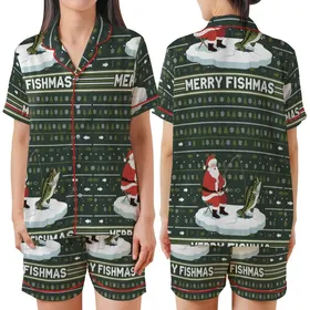 Bass Fisherman Family: Santa Ice Fishing Largemouth Bass 'Merry Fishmas' Poly-Spandex Sleep Set Satin Short-Sleeve Pajamas Set