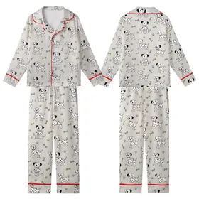 Ridgeback & Large Dog Zippered Sleepsuit: Playful Dalmatian & Paw Print Motif - Grey/Beige Cotton Blend Kid Satin Pajamas Set