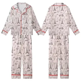Women's Whimsical Soft Pink Parisian Doodle Seamless Pattern with Eiffel Tower, Macarons & Hot Air Balloons Kid Satin Pajamas Set