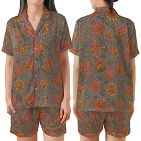 Women's Muted Slate Blue Cotton Pajama Set: Hand-Drawn Floral Block Print Loungewear Satin Short-Sleeve Pajamas Set