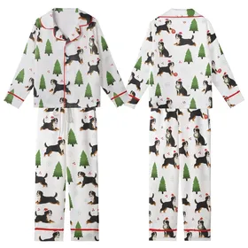 Women's Bernese Mountain Dog Christmas Pajamas Set: Cozy Illustrative Wreath & Santa Hat Print Kid Satin Pajamas Set