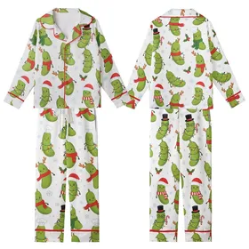 Retro Christmas Pickle Pajamas Set: Whimsical Cartoon Pickles with Santa Hats, Antlers & String Lights Kid Satin Pajamas Set