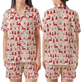 Holiday Enthusiasts' Creamy Off-White Nordic Folk Red Reindeer Pine Tree Snowflake Repeating Pattern Satin Short-Sleeve Pajamas Set