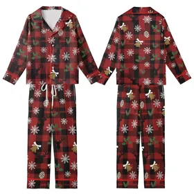 Rustic Winter: Red Black Buffalo Plaid Reindeer Snowflake Holly Berry Pattern Art Kid Satin Pajamas Set