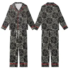 Women's Personalized Satin Long Sleep Set: Elegant Calligraphic Script Black & Off-White Design Kid Satin Pajamas Set