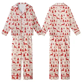 Holiday Enthusiasts' Creamy Off-White Nordic Folk Red Reindeer Pine Tree Snowflake Repeating Pattern Kid Satin Pajamas Set