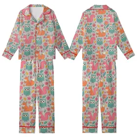 Whimsical Style Lovers' Hand-Drawn Orange Fox Teal Owl Pink Squirrel Floral Taupe-Grey Kid Satin Pajamas Set