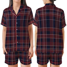 Classic Style Aficionados' Heritage Tartan Plaid Deep Maroon Navy Blue Cream Geometric Pattern Satin Short-Sleeve Pajamas Set