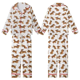 Women's Reddish-Brown Wiener Dog Cartoon Polycotton Shorts Sleep Set Kid Satin Pajamas Set