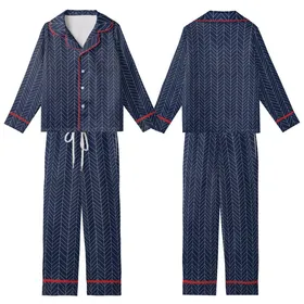 Style-Conscious Adults' Rich Navy Blue Classic Herringbone Pattern with Refined Off-White Lines Kid Satin Pajamas Set