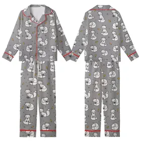 Whimsical Style Fans' Hand-Drawn Playful Cartoon Foxes Muted Grey Mustard Yellow Pattern Kid Satin Pajamas Set