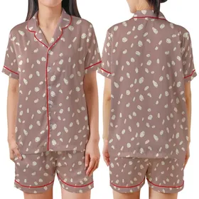 Women's Dusty Rose Minimalist Off-White Hand-Drawn Organic Shapes Pattern Satin Short-Sleeve Pajamas Set