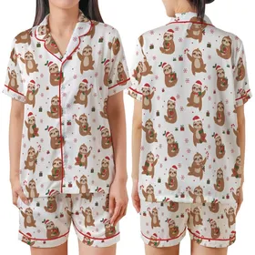 Sloth Lover's Merry Slothmas Sleep Set: All-Over Cartoon Sloth & Santa Hat Polyester Blend Satin Short-Sleeve Pajamas Set
