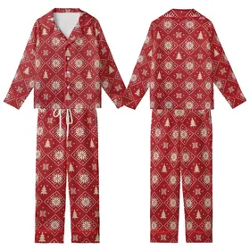 Winter Style Enthusiasts' Deep Red Fair Isle Geometric Diamond Snowflake Reindeer & Tree Pattern Kid Satin Pajamas Set